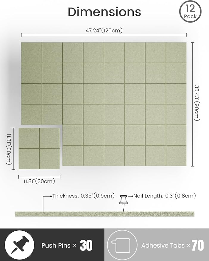 Bumusty Large Cork Board Alternative-47 x35 Felt Bulletin Board Tiles, with 30 Pushpins, 70 Adhesive Tabs, 12-Pack Slat Wall Paneling, Cork Boards for Office Push Pin Board Felt Board-Sage