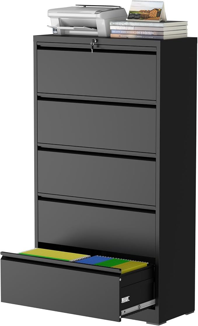 5 Drawer Lateral File Cabinet with Lock, Metal File Cabinets for Home Office, Steel Heavy-Duty Filing Storage Cabinet for Letters/Legal/A4 (Require Assembly, Black)
