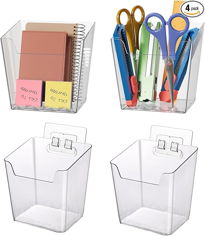 Clear Adhesive Wall Storage Bins, M Size 4 Pack Cabinet Door Organizer Holders, Hanging Wall Mount Pockets, Plastic Cups for Shower Bathroom Makeup Office Craft Remote Kitchen Sink RV Organization