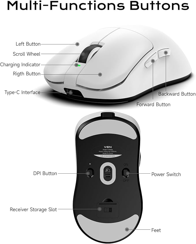 VGN Lightspeed Wireless Gaming Mouse with Dual-Mode 2.4G/Type-C Wired - 25K Sensor - 26,000 DPI - 55g Lightweight - 6 Programmable Buttons - Up to 200h Battery Life for PC/Mac- F1 Pro Max White