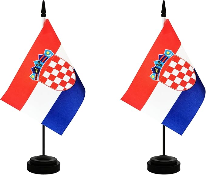 2 Pack Croatia Desk Flag, Croatian Table Office Flag with Solid Pole and Stand Base, International Country Flag, Festival Celebration, Classroom Meeting Desktop Decoration (Croatia)