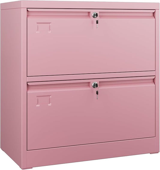 Aobabo 2 Drawer Wide Lateral File Cabinet, Metal Filing Cabinet with Lock, Suitable for Home Office School Hanging Files Letter/Legal/F4/A4 Size,Pink,Required-Assembly,15.87" D x 28.94" W x 30.24" H