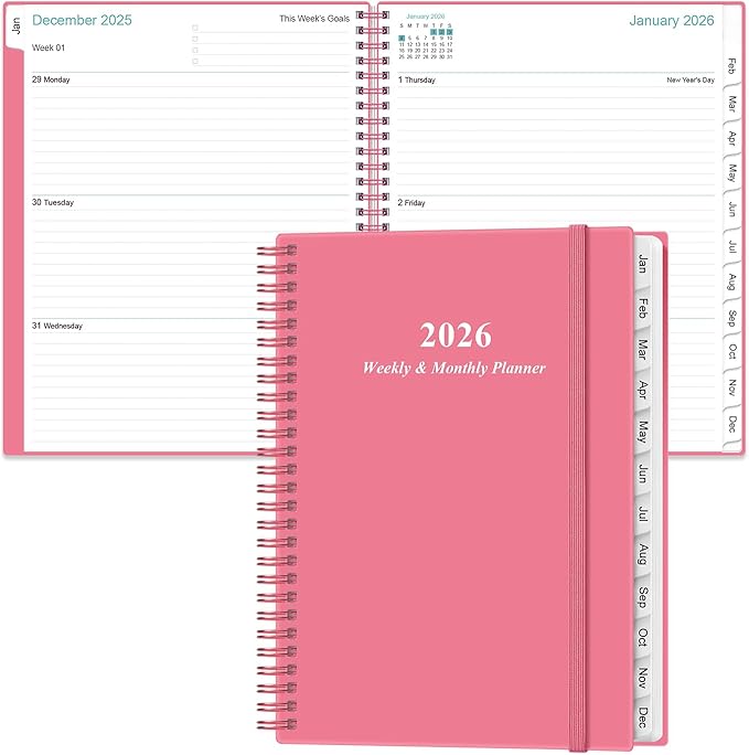 2026 Planner - Planner 2026 from January 2026 to December 2026 with 12 Monthly Tabs, Flexible Cover, Inner Pocket, 8.5" x 11", Pink-B