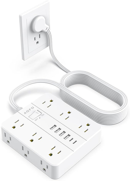 15FT Surge Protector Power Strip,12 AC Outlets with 6 USB Ports (2 USB-C), Flat Plug Extension Cord with Multiple Outlets, Wall Mount for Home Office,Dorm, White