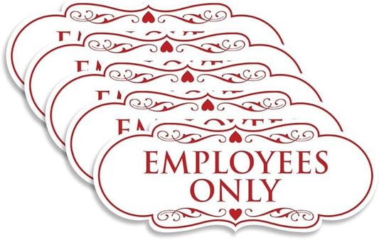 Designer EMPLOYEES ONLY Sign | Easy Installation | Office or Business Signs | Workplace Safety - White/Red - Medium (5 Pack)