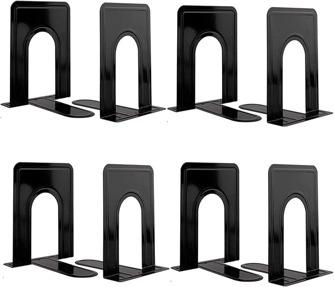Metal Book Ends for Shelves, Book Shelf Holder Home Decorative, Book Ends for Heavy Books/Movies/CDs, Black 6.5 x 5 x 5.7 in, 4 Pair/ 8 Piece