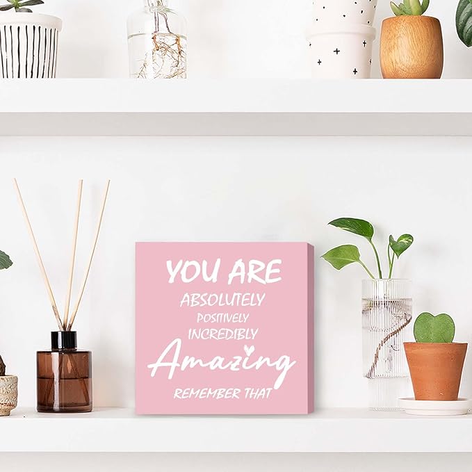 Pink Motivational Wooden Desk Sign, 5 x 5 Inches, Modern Style, Tabletop Mount for Women, Home & Office Decor