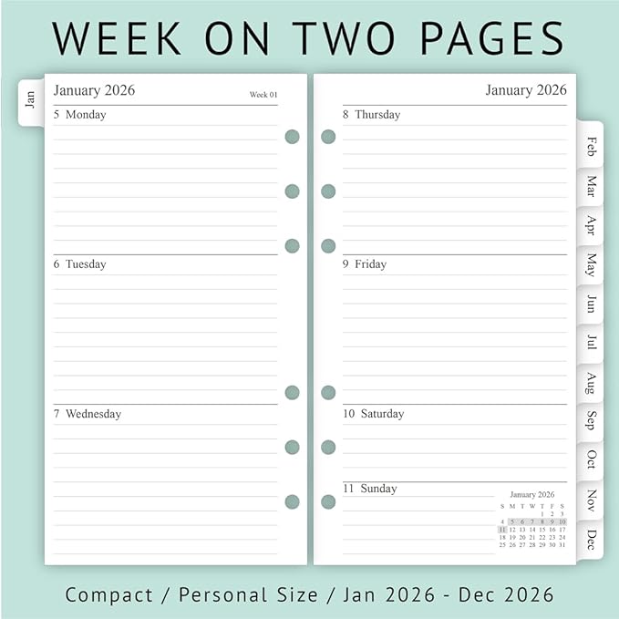 newestor 2026 Weekly & Monthly Planner Refill, 3-3/4" x 6-3/4", Jan 2026 - Dec 2026, Personal/Compact/Size 3