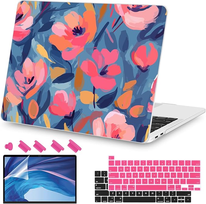 Teryeefi Compatible with M2 M1 MacBook Pro 13 Inch Case A2338 A2289 A2251 A2159 A1989 A1706 A1708 (2024 20203 2022-2016), Hard Shell Case & Keyboard Cover for Mac Pro 13" - W-Abstract Pink Flower