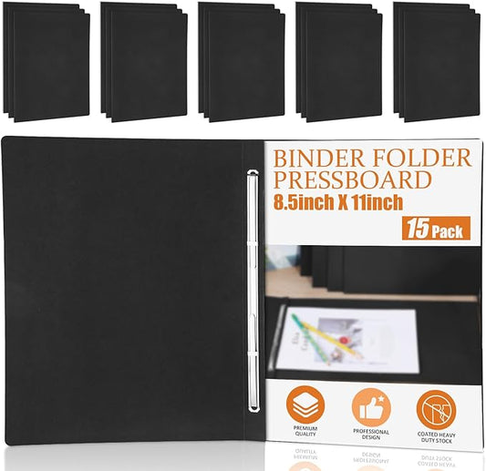 Zhanmai 15 Packs 8.5'' x 11'' Pressboard Report Covers, Metal Prong Fastener with Compressor, Letter Size 3'' Capacity Presentation Report Folder to Neatly Bind Reports, Proposals, Documents(Black)