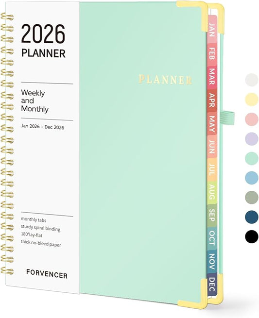 2026 Planner, Forvencer Calendar Planner Weekly and Monthly, January 2026-December 2026, 6" X 8", Hardcover Agenda Book with Tabs, Cute Daily Journal Planning with Inner Pocket, Home College Organizer Notebook for Office School Supplies, A5, Mint Green