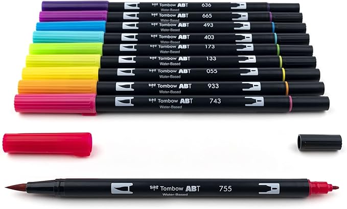 Tombow 56185 Dual Brush Pen Art Markers, Bright, 10-Pack. Blendable, Brush and Fine Tip Markers