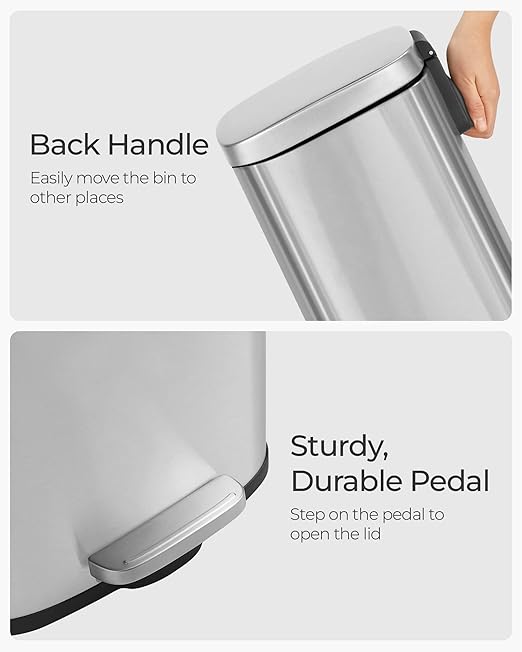 SONGMICS Trash Can with Lid, 8 Gallon Garbage Can, Stainless Steel Small Waste Bin with Step Pedal and Inner Bucket, Soft Close, Kitchen, Silver ULTB03NL