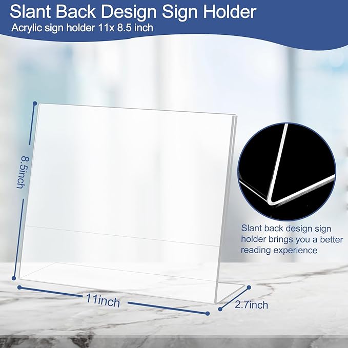 Slanted Back Acrylic Sign Holder 8.5 x 11 Horizontal, Clear Tabletop Stands for Display 11 x 8.5, Plastic Paper Holders for Office, Home, Restaurant (6 Pack)