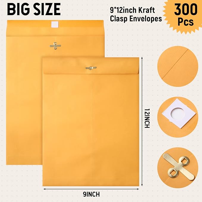 Ctosree 300 Pcs Manilla Envelopes Clasp Envelopes Bulk Brown Kraft Catalog Letter with Clasp Closure and Gummed Seal 28lb Heavyweight Paper (9 x 12 Inch)