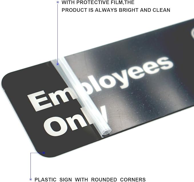 "Employee Only" Informative Acrylic Plastic Sign with Symbols, (4 Pack) 9 X 3 Inch, Self Adhesive, Use for Office/Business, Easy to Apply, White Big Letters on Black Plate