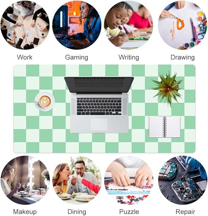 Colorful Star Large Mouse Pad, PU Leather Waterproof Desk Mat, Computer Gaming Mouse Pad, XXL Full Table Mousepad Non Slip Desk Pad for School Office Home 31.5" x 15.7" - Green Checkerboard