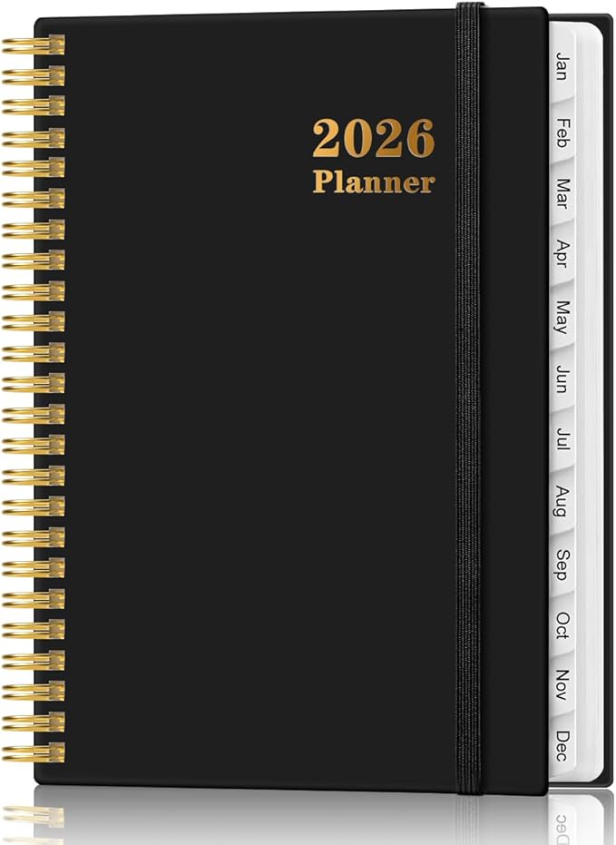 2026 Planner - Weekly and Monthly Calendar Planner from Jan 2026 - Dec 2026, Planner 2026 Spiral Bound with 12 Monthly Tabs, Inner Pocket, Perfect for School Office Supplies, 6.4" x 8.5", Black