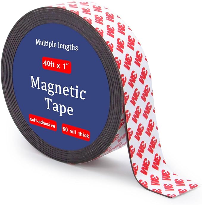 Magnetic Tape Strip Roll with 3M Adhesive Backing,(1in Wide x40ft Long) Flexible Sticky Magnet Tape Strips for Kitchen, Garage Whiteboards Fridge Organization