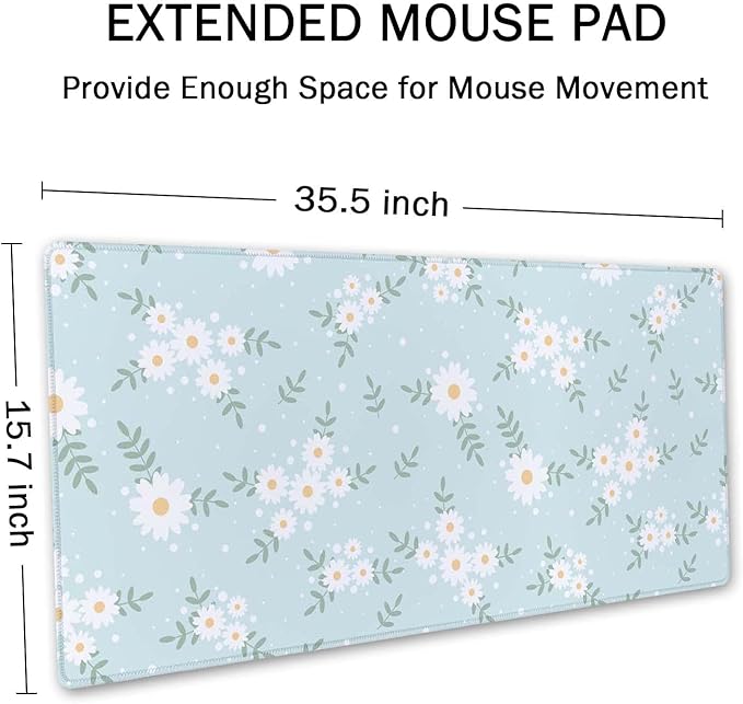 SSOIU Cute Spring Flowers Desk Mat, White Daisy Flower Mat, Extra Large Home Office Cute Accessories, Extended Mouse Pad, XXL Gaming Mouse Pad 35.5" X 15.7"