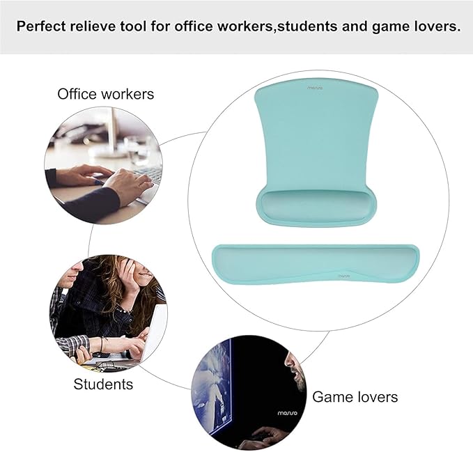 MOSISO Wrist Rest Support for Mouse Pad & Keyboard Set, Ergonomic Mousepad Non-Slip Base Home/Office Pain Relief & Easy Typing Cushion with Neoprene Cloth & Raised Memory Foam, Aquamarine