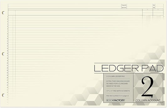 BookFactory Ledger Sheets/Large 2 Column Accounting Ledger Columnar (Two Columns) Loose Leaf Paper - 17'' x 11'', 50 Pages, Loose Leaf, 3 Hole Punched (SHEET-050-CLCLL(17x11-Ledger-2)-AX)