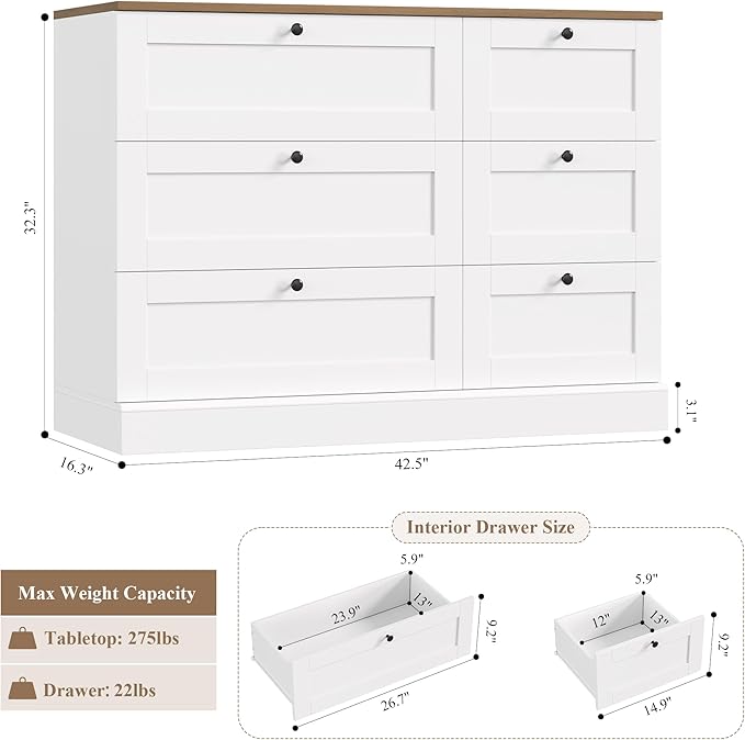 HOSTACK 6 Drawer Dresser, White Dresser for Bedroom, Wood Wide Chest of Drawers, Modern Farmhouse Drawer Chest for Living Room, Hallway, Entryway, White/Rustic Brown