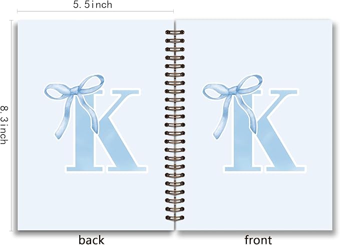 Initial K Notebook Journal,Personalized Teen Girl Gifts,Coquette Trendy Preppy Blue Bow Spiral Notebook,Monogrammed Gifts for Women Teen Girl,College Ruled Hardcover Spiral Notebook 5.5 x 8.3