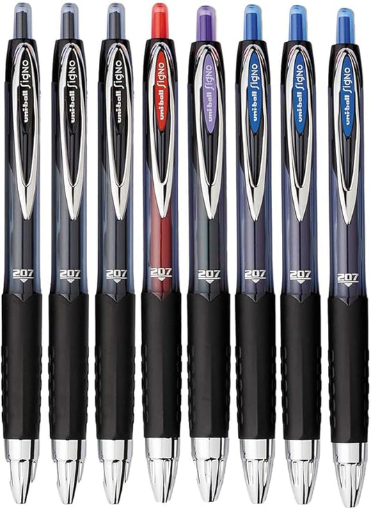 Signo 207 Roller Ball Retractable Gel Pens, Medium Point (0.7mm), Black Blue Red And Purple Ink, 8 Count, Bundle with Plastic Reusable Pouch
