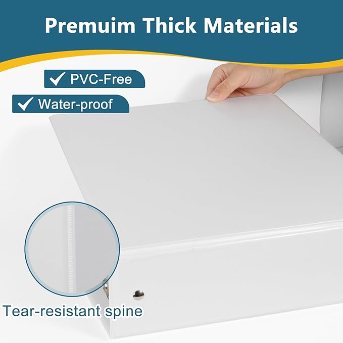 3-Inch 3 Ring Binder, Standard 3" Round Ring Binder Fit Letter Size Paper, Presentation View Binders, White, 2-Pack