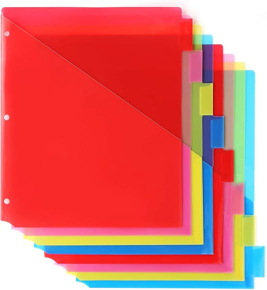 Plastic 8-Tab Dividers with Two Pockets - 1 Set, Pocket Dividers for 3-Ring Binders, Multi-Color Binder Dividers, Total 8 Tabs