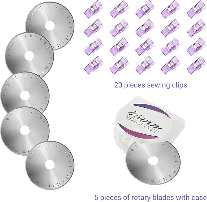 Rotary Cutter Set Purple - Quilting Kit incl. 45mm Fabric Cutter, 5 Replacement Blades, A2 Cutting Mat, Acrylic Quilting Ruler, Sewing Clips, Craft Knife Set, Ideal for Crafting, Sewing, Patchworking