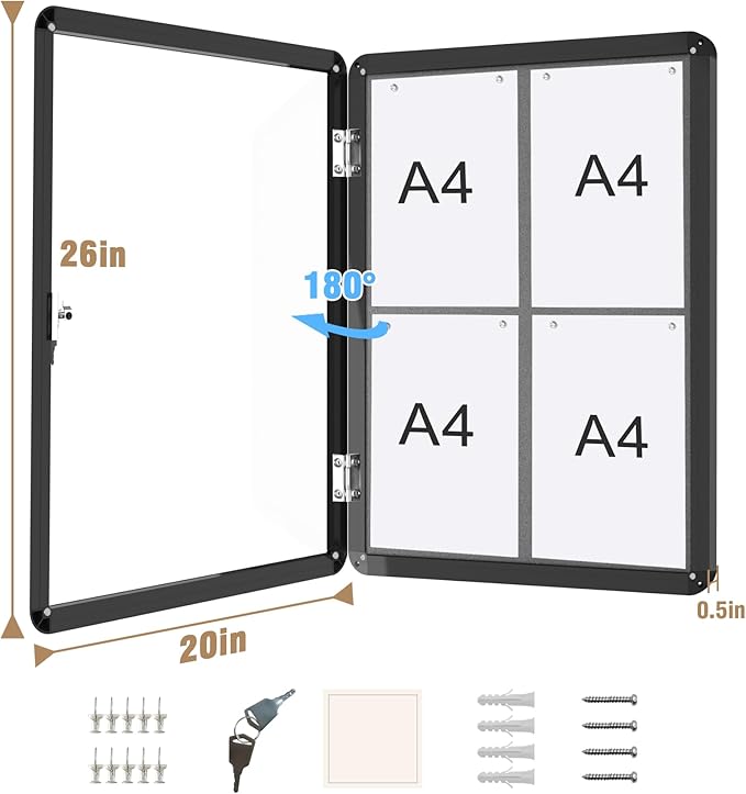 26"x20" Enclosed Bulletin Board, Lockable Weather-Resistant Aluminum Cork Noticeboard for School & Office, Black Frame w/Grey Flet
