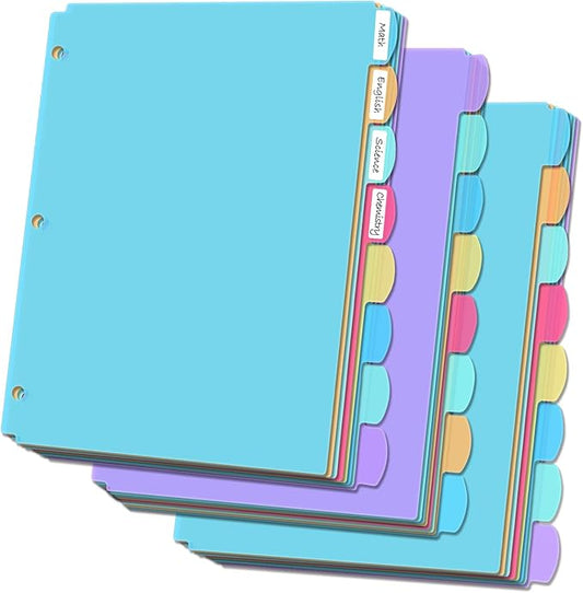 8 Tab Plastic Dividers for 3 Ring Binders, Write & Erase, Tabbed File Dividers with Tabs, Fits 8.5X 11'' Letter Size Paper, Assorted Color, 3 Set