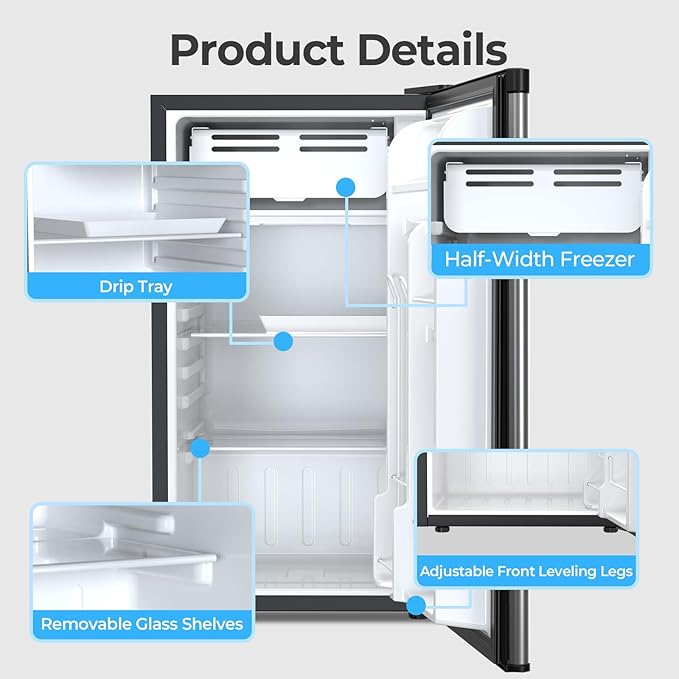 Antarctic Star 3.2 Cu.Ft. Mini Fridge with Freezer, Small Refrigerators with Adjustable Thermostat, Low Noise, Energy Saving, Compact Refrigerators for College Dorm, Office, Apartment, Stainless Steel