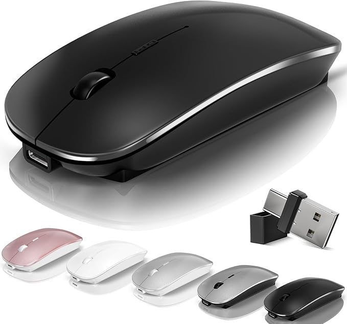 Mouse for Laptop Wireless Bluetooth - MacBook Air Mac Pro PC iPad Optical Rechargeable Silent Mouse with Jiggler Dual Mode Switch Bluetooth 5.2/3.0 and 2.4GHz USB-A and Type-C Receiver Black