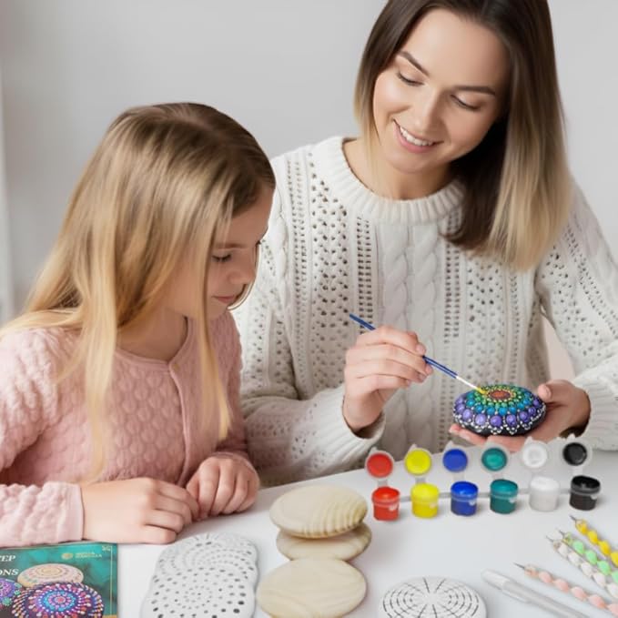 Mandala Rock Painting Kit – Mandala Dotting Tools Set - 5 Large Wooden Rocks + 6 Stencils + Acrylic Paints - Relaxing Arts and Crafts for Adults Women - DIY Hobbies Art and Projects Dot Art Kit