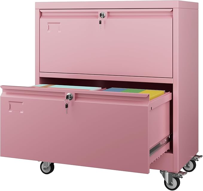 Aobabo 2 Drawer LateralFile Cabinet with Wheels, Lockable Metal Filing Cabinet for Home Office, Legal/Letter Size,Pink,Required Assembled,15.87" D x 28.94" W x 34" H