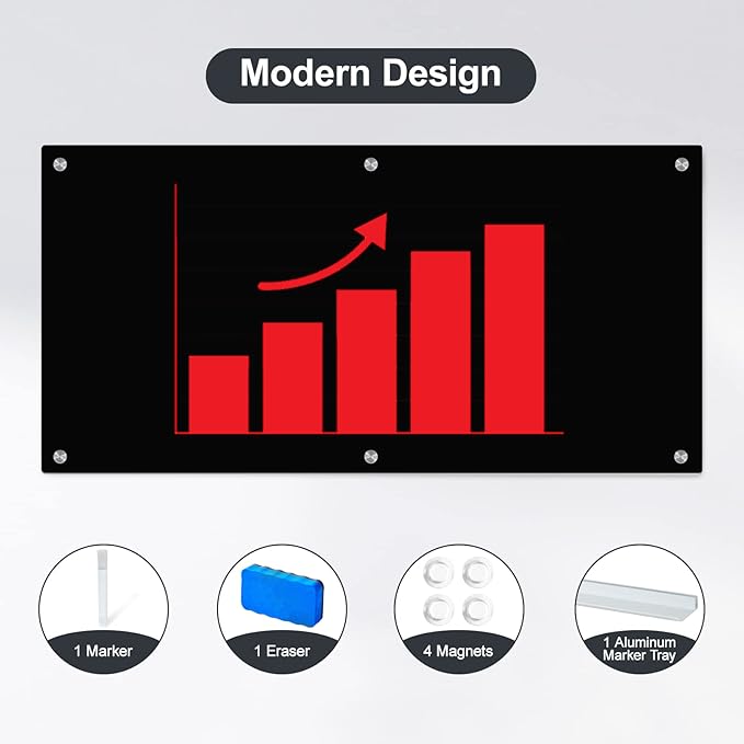 J&J worldwide Magnetic Black Glass Whiteboard 6' x 3', 70 x 35 Inches Large Frameless White Boards for Walls, Large Dry Erase Board for Office, Home, School