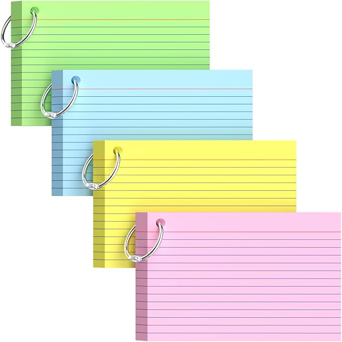 160-Pack Colored Index Cards 4x6 Inch w/Key Ring – 180gsm Heavyweight Flashcards – 4 Vibrant Colors Flash Cards (Pink Blue Green Yellow) – Perfect for Study, Notes & Memory, Students School Supplies