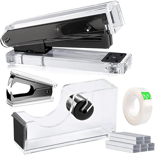 Acrylic Black Tape Dispenser Black Desktop Stapler, Acrylic Office Supplies Includes Staple Remover, Tape, 1000pcs Staples Desk Accessory Kit, Cute Office Stapler Set for Modern Design Office Desktop