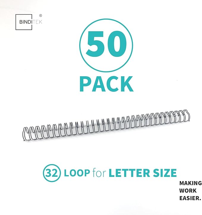 Binditek 50 Pack Double Loop Wire Binding Spines, 1/2 Inch Binding Wire for Letter Size, 3:1 Pitch, 100 Sheet Capacity, 32-Loop, Black, for Students and Coworkers