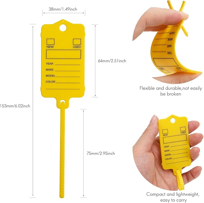 100 Car Key Tags with Labels Plastic Car Dealership Key Tags Self Locking Automotive Identifiers Blank Shop Labels with One Pen (Yellow)