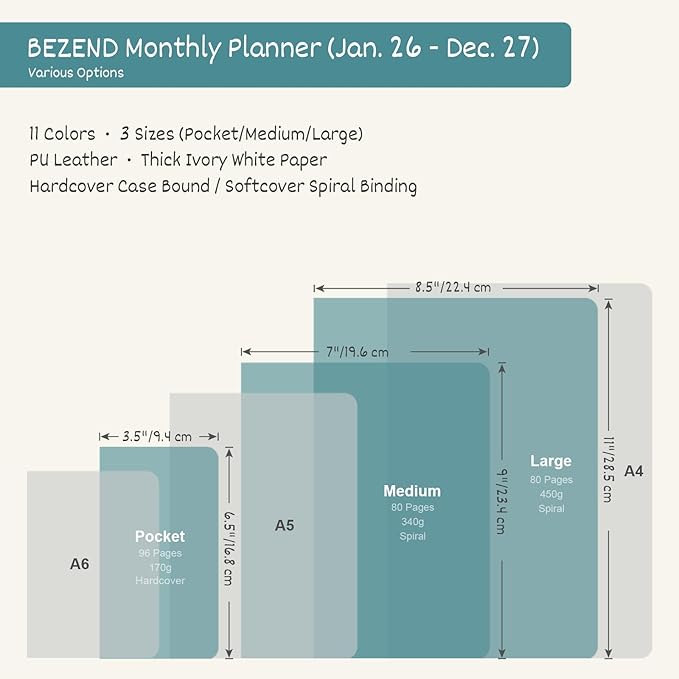 BEZEND Monthly Planner 2026-2027 (Spiral-8.5" x 11") 2 Year Calendar Book with Note Pages - Jan 26 to Dec 27-120 GSM Paper, Inner Pockets, Laminated Tabs, Vegan Leather Softcover - Lavender