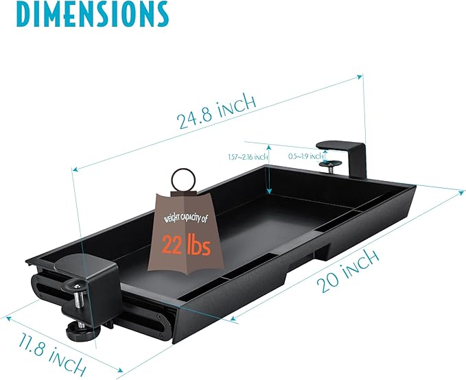 EHO Under Desk Slide-Out Storage Drawer, Large 20" x 11.8" Clamp-On Pull-Out Organizer with Adjustable Height, Space-Saving Tray for Office Supplies and Accessories, TAA-Compliant