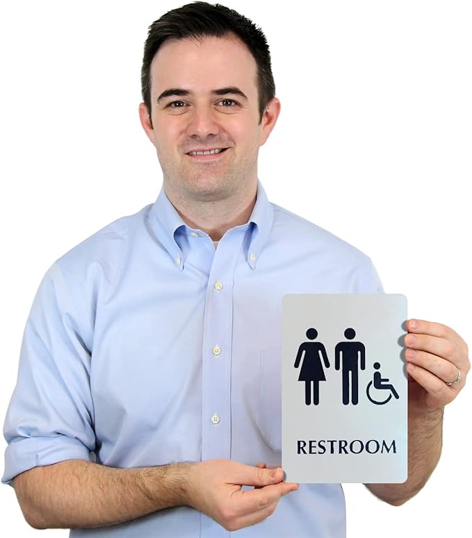SmartSign 6 x 9 inch Unisex Restroom Sign with Men/Women/Handicap Accessible Wheelchair Pictograms, 40 mil Stainless Steel Metal, Engraved, Door/Wall Mount Bathroom Sign, Silver and Black