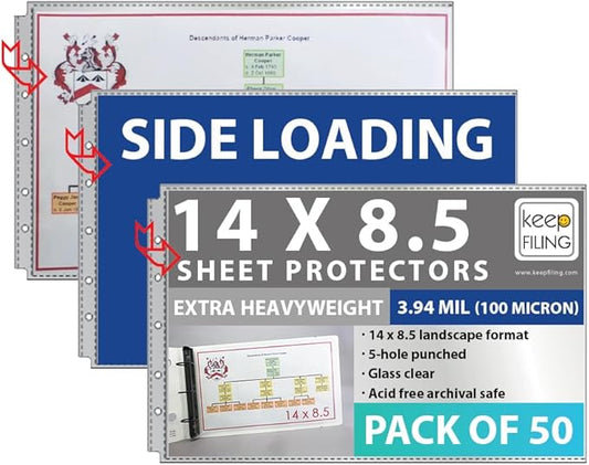 14 x 8.5 Landscape Legal Size Sheet Protectors, Side Load, Extra Heavyweight, Glass Clear, 2 Packs (50 Sheets Total), Archival Safe & Acid Free by Keepfiling