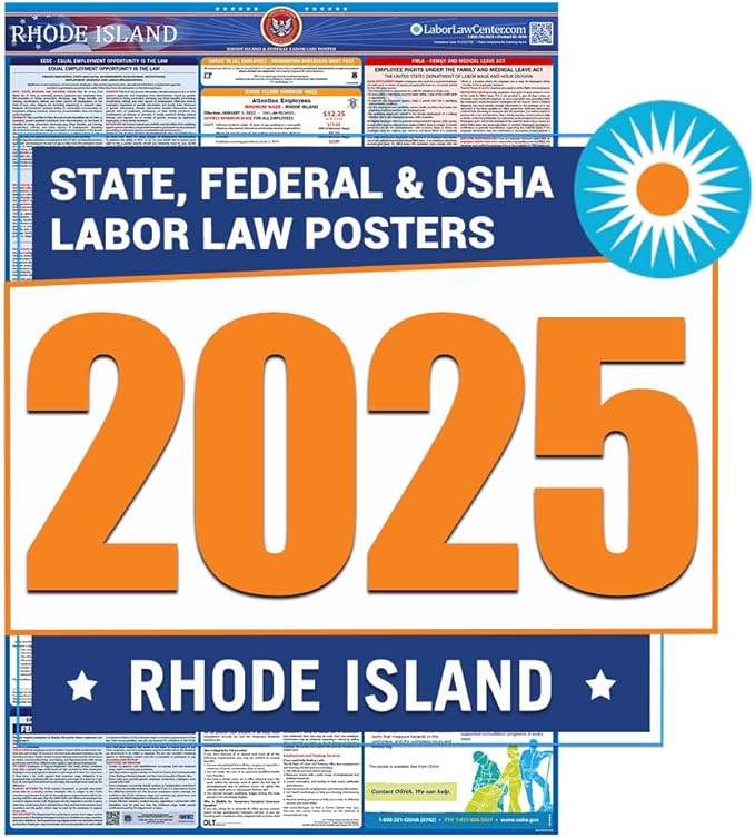 2025 Rhode Island Labor Law Poster- State, Federal, OSHA Compliant- Workplace Required Posting for Employees- English Employment Poster- UV Laminated Waterproof- 26" x 39.5”- English
