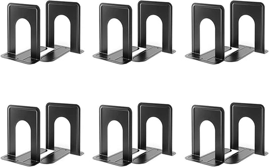 MaxGear Book Ends Universal Premium Bookends for Shelves, Non-Skid Bookend, Heavy Duty Metal Book Stopper for Books/Movies/CDs/Video Games, 6 x 4.6 x 6 in, Black, 6 Pairs/12 Pieces, Large