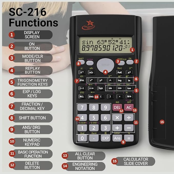 SC 216 Non Graphing Scientific Calculator for School by Red Star Tec – Black Math Calculator with 240 Functions, SAT Exam Ready, 2-Line Display, Trigonometry, Algebra & Statistics Support